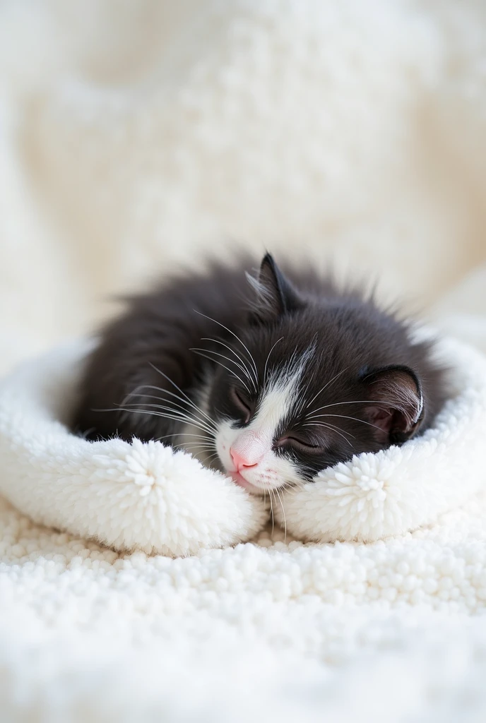 Cute black and white real kitten sleep over the bed