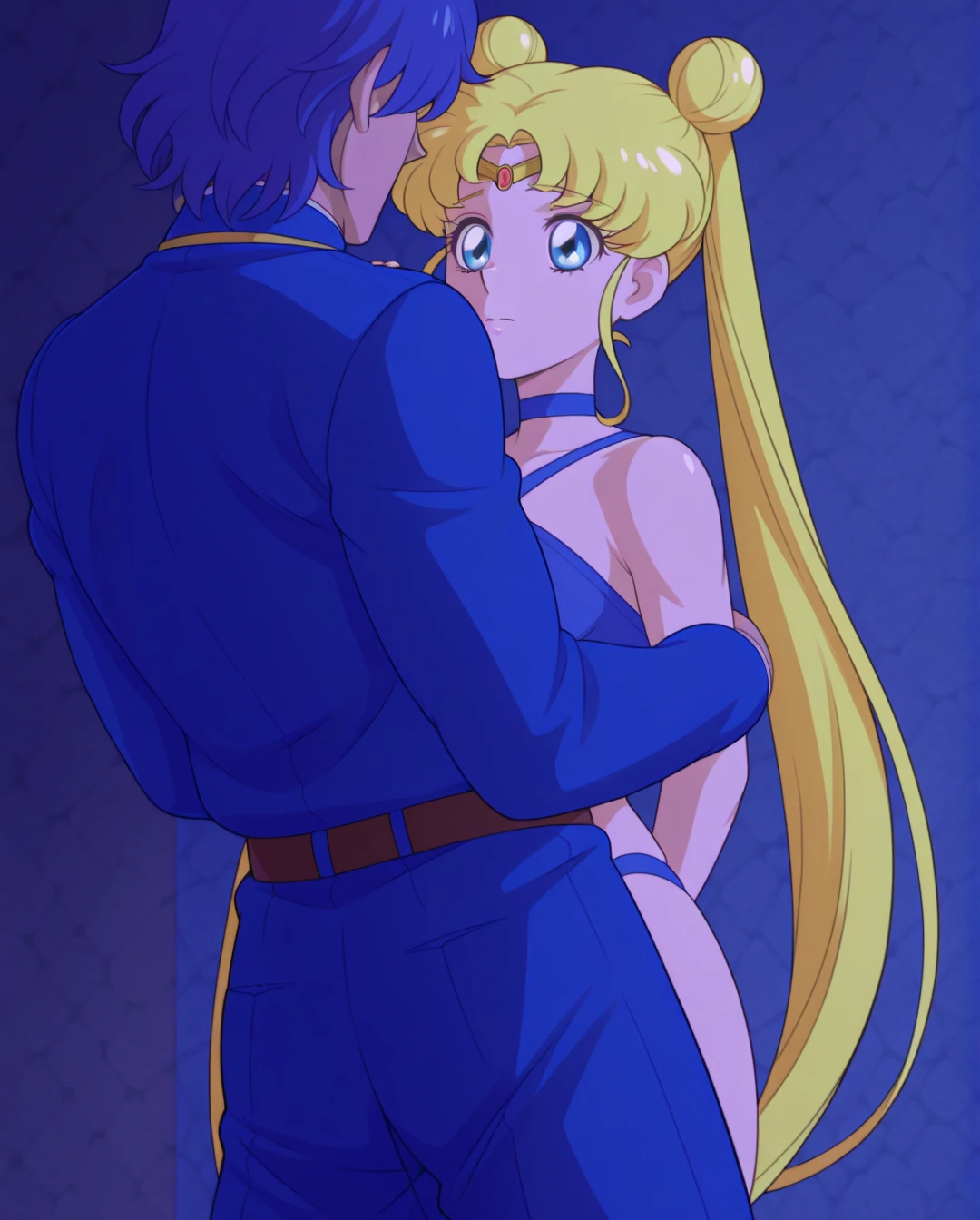 masterpiece, best quality,sex,hetero, 1girl assailor moon, long blonde hair, (1boy with short black in a suit:1.5), ponytails, double bun, (suspended congress:1.1),standing, vaginal,ass, hands under legs,ass focus, suspended congress, sex, kiss