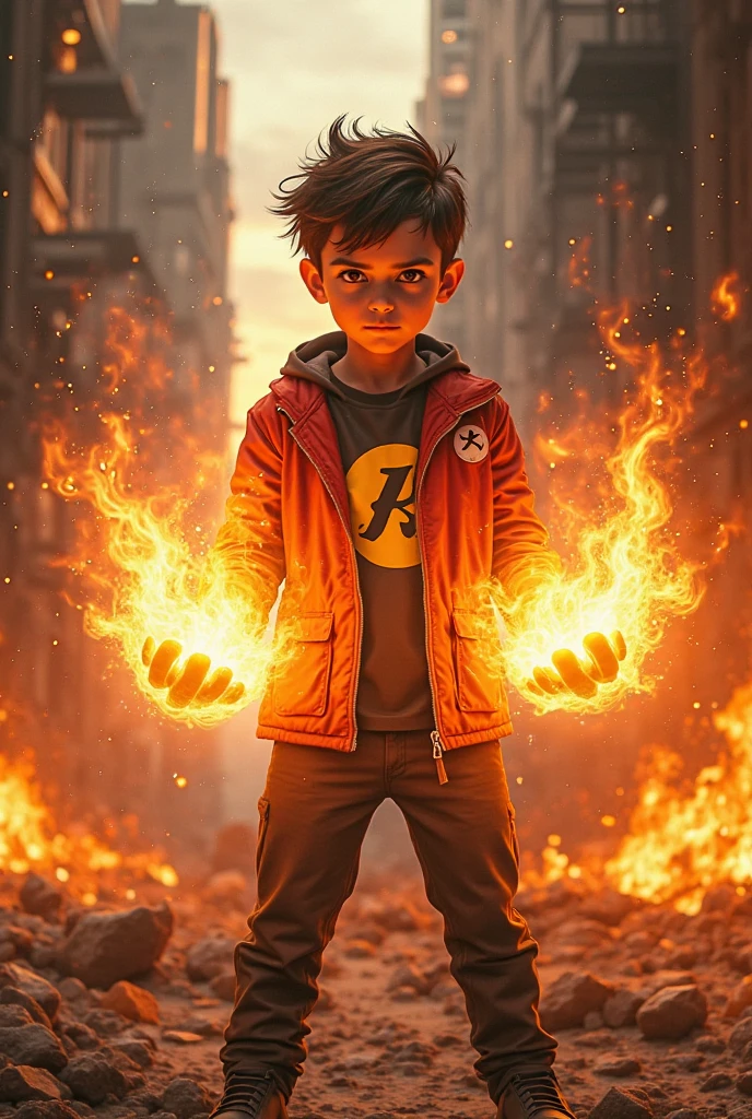 a young boy from Malaysia or Indonesia, wearing an black red zip-up shirt, black hair with a touch of white hair, highly detailed, a young real boy Malaysia Indonesia . wearing an black red zip-up shirt,black hair mix little detai white hair. Age 12 year old. orange cap with small fire logo, detailed face, cinematic lighting, dramatic atmosphere, vibrant colors, 8k, high quality, photorealistic. Hero suit. Fire come from his hand. Glowing fire .jeans pants. Very strong. Future design dress, 4k, photorealistic, masterpiece, studio lighting, sharp focus, physically-based rendering, extremely detailed description, vivid colors, bokeh