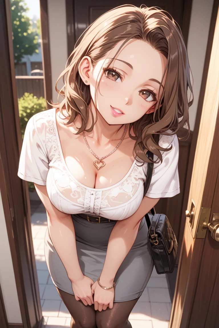 (table top, highest quality, High resolution, , perfect pixel, 4k,), 1 girl, single, alone, Beautiful woman、I could see the whole body、 ((wavy mid hair, bangs, brown hair)), ((brown eyes, beautiful eyelashes, realistic eyes)), ((detailed face, blush:1.2)), ((smooth texture:0.75, realistic texture:0.65, realistic:1.1, Anime CG style)), medium breasts, dynamic angle, perfect body, ((, female teacher, , earrings、necklace、white shirt with collar、Shirts without buttons、Dark blue flared skirt、black knee high stockings、open both legs wide、、shy smile、Sit on the floor、leaning forward)), Upper 、、、evening、、(You can see the white and pink lace panties and bra、、(Bring your chest and arms together、Lift up your skirt and show your panties、The wind blows up my skirt)、angle from below)、