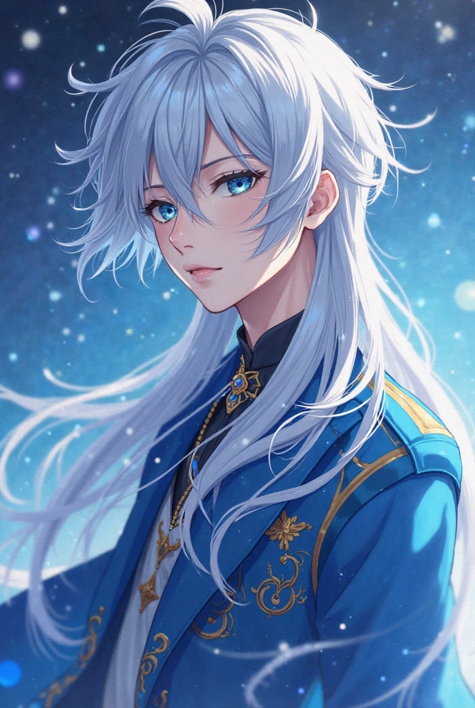 A young white haired man with blue eyes with long hair with blue eyes in a white victorian suit is watching a shooting star