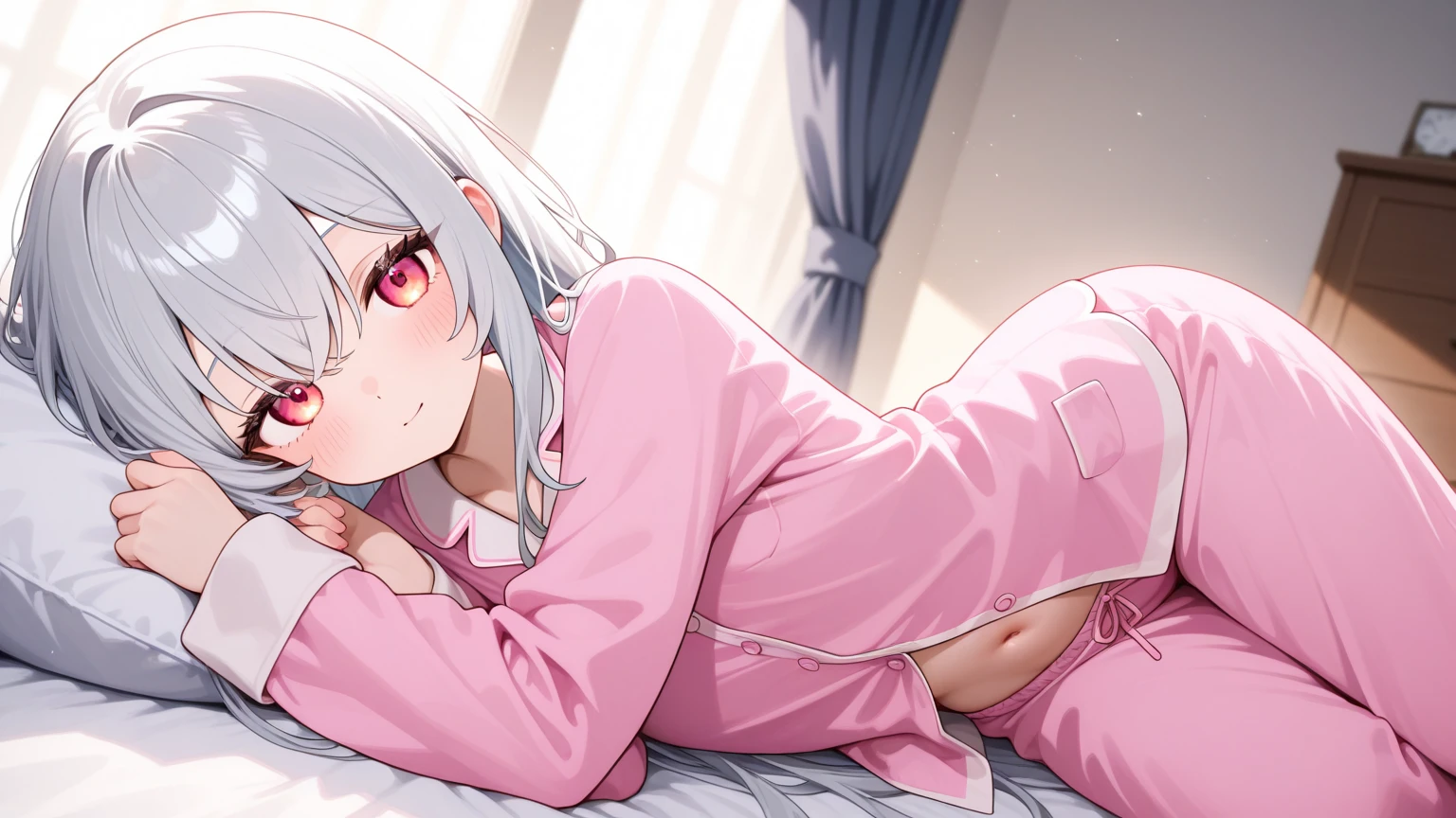 White Hair Girl、Pink Eyes、Short Hair、Only one girl、Night、In the bedroom、Blushing、laughing、Excited、Just One、Sitting on the bed、Wearing only underwear、Sweating、nsfw