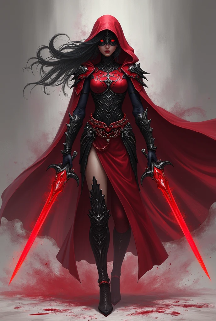 Female wearing red armor and helmet and wielding dual swords. Black cloak with red accents. Glowing Red eyes, black hair, black panties and bare thighs. Large breasts. 