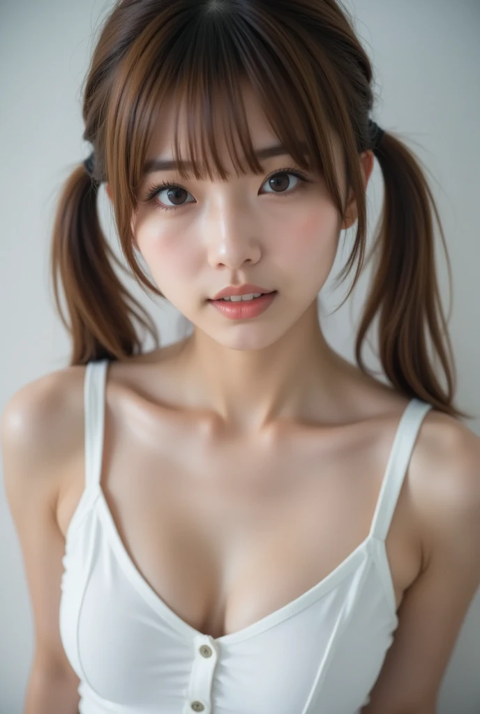 highest quality, Soft Light, Ultra-high resolution, (Realistic:1.4), RAW Photos,
1 Japanese girl, alone, cute, (pupil, Light in your eyes),  Beautiful face in every detail, (),(High resolution detail of human skin texture),
(Twin tails),
bar,
Tank top、Low - Angle