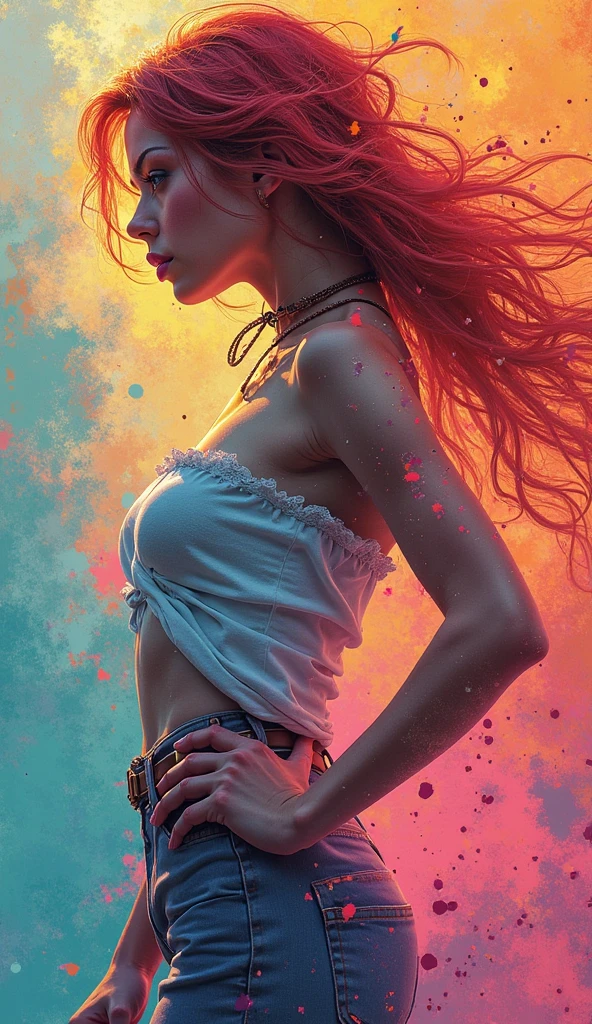 masterpiece, best quality, ultra detailed, illustration, 1 girl, twin braided red hair, on stage clockworld, open shirt, sunlight, cloudy sky, small breasts, microskirt, great detail surroundings, short shirt, crop top ( art inspired by Bill Sienkiewicz). oil painting)