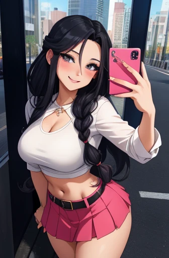 anime, 28 year old woman, taking a selfie, mischievous smile, long hair, dark hair color, stylish hairstyle, side hair long lush hair, long curls of hair pulled to the sides, Braids within the hair, curvy body, proportional body, sexy girl, beautiful mature girl, lovable character, crop top, short skirt, clarity, detailed, detailed face, very detailed drawing, smile, flirty look, city background, saturated background, perfect composition, soft natural volumetric cinematic perfect light, masterpiece