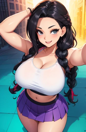 1990s, (masterpiece), high-definition, front view, detailed face, cute girl, perfect body, (big tits: 1.4) big hips, round ass, (black hair with dark purple highlights: 1.4), (pleasure face: 1.4), japan alley background, sunset