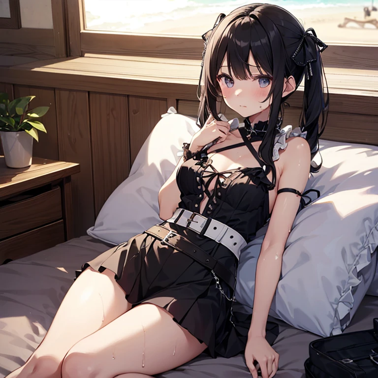 (Highest quality), (masterpiece), 1080P, High resolution, 4K, 8k, Thigh straps, Shooting from directly below, The woman on top of me, Nipples, 白いSweat, Covered , Sweat, Woman looking down, Micro Bikini, Skirt swimsuit, Thigh-high socks, To achieve this, 16 years old, Small breasts, whole body, Black leather shoes, Braided hair, Inner Color, Embarrassed face, Short black hair, bracelet, Bedroom

