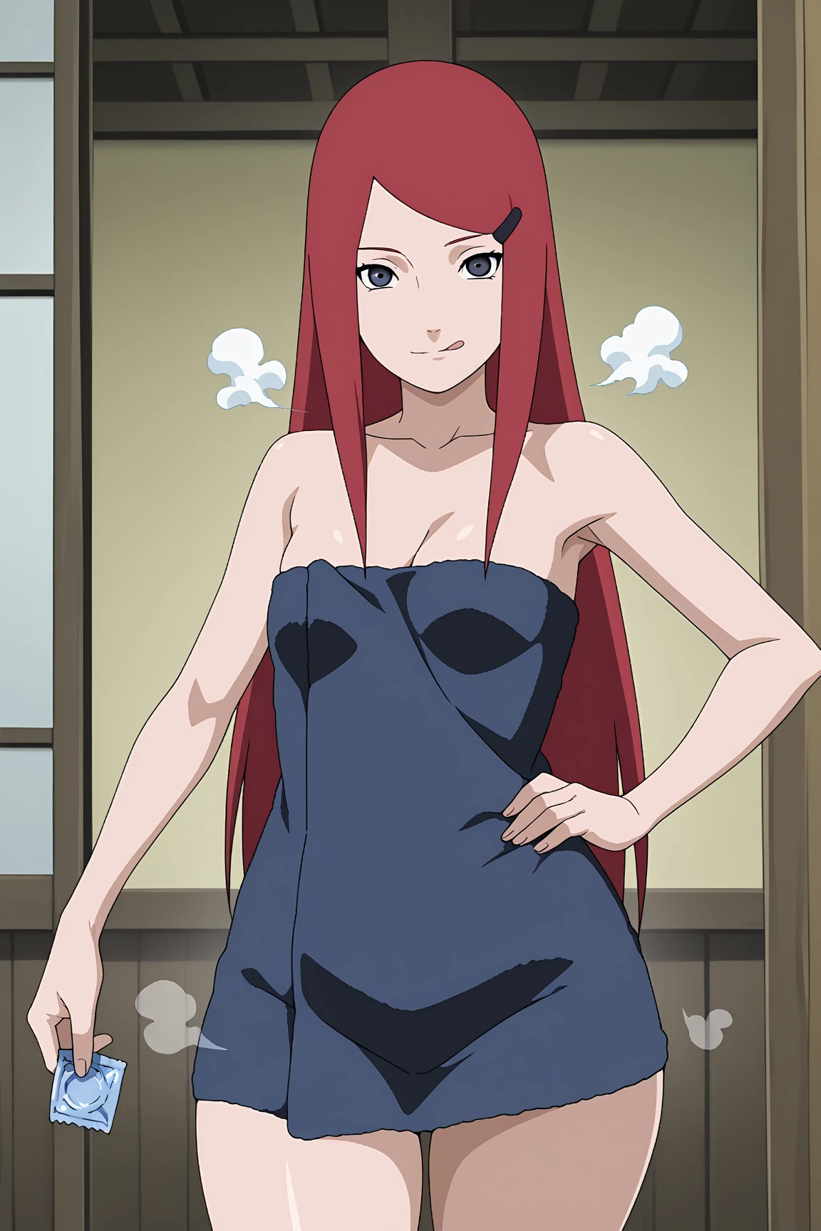 (Kushina Uzumaki1),(Woman1),(Solo), Kushina is a woman known for her beauty. She had a thin but feminine face, fair skin, blue eyes, long bright red hair, and a black clip that left part of her hair to the left.(Wearing),+,(bikini) 