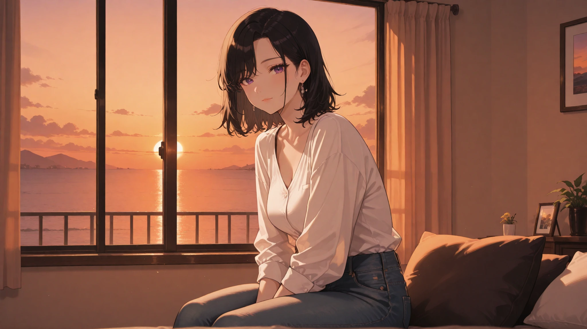 masterpiece, best quality, good quality,adult lady,no makeup,black hair,medium hair,white shirt,jeans,sitting,room,cowboy shot,looking at viewer,sunset,高精細