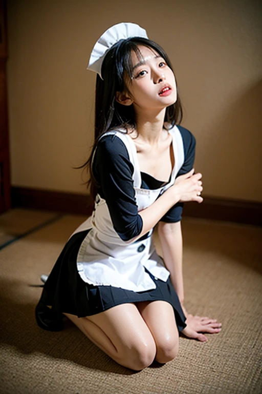 (8K, Raw photo, Best Quality, masutepiece:1.2), high-definition RAW color photography, professional photograpy, cowboyshot, (Realistic, photographrealistic:1.37), ((Best Quality)), 18 years old girl, Cinematic Light, (finerly detailed face:1.2), (masutepiece:1.5),no underwear,When I squatted down, I was wearing no panties.,I squatted down to pick up something that had fallen on the floor.,(Best Quality:1.2), (Mole:0.5), (Smiling:0.9), (Looking at Viewer:1.2), hugging own legs, Squatting, His eyes are fixed on the object on the floor., bowtie, (Detailed Maid:1.2),The inside of the skirt can be seen from the front,Between the legs can be seen from the front,long legged,Thin leg, skinny girl, Korean beauty girl,Blouse with wide open chest area,small breasts are visible,The state of the action of lowering the right hand to the floor and trying to pick up something,There is no need to consciously look at the front camera.,