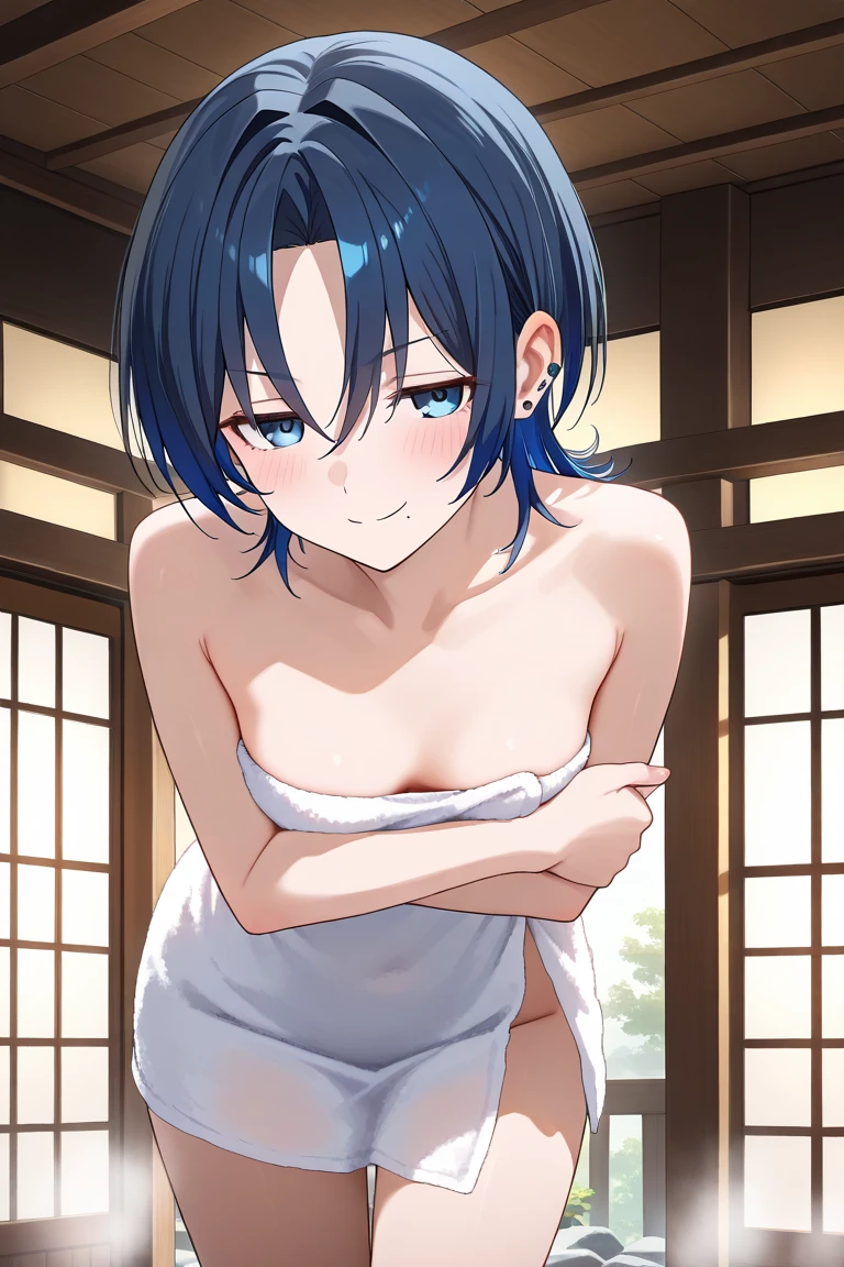 1girl in, Solo, Laura S. Alceid (long dark blue hair, Ponytail and side van, small tit), (Inspired by Cold Steel'Shower room) ,(Accurate Hand Modeling,),natta,Military Academy, Shy face,Smiling smile,open one's legs,Hands behind the head,Naked,(hiding chest with hands:1.3) ,taking shower,sodden,