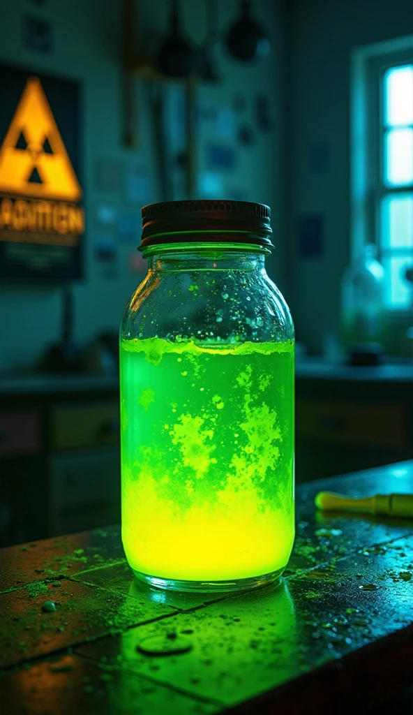 clutter, trash, green glass, yellow goo, backlit, back lit, plastic bag,  bottles, jars, plastic containers, kitchen utensils, strainer, cups, dim lighting, closeup, front view, indoor, low key, dark