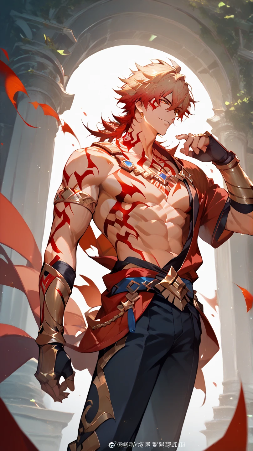 absurdres, highres, ultra detailed, HDR, master piece, best quality, Dante, red hair, long hair, expressive blue eyes, tanned skin, Nu Carnival, solo, sexy man, handsome, horny, lewd, demon, horns, black leather clothes, red cape, accessories, showing the chest, red sky, red moon, red trees, red spider lilies, fantasy, dark magic