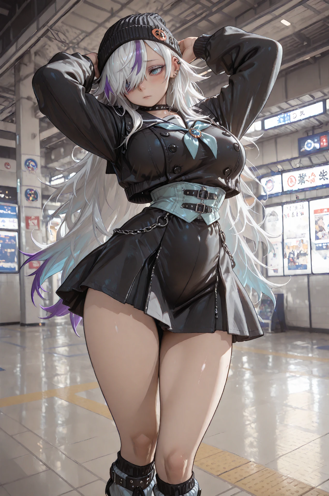 masterpiece, best quality, GishanV4, 1girl, solo, slight smile, blush, full body, ((leotard, white footwear, black leotard, black dress:1.2)), skates, ice skates, sitting, outdoors, city alley, crowd, <lora:GishanTstV4:0.8>