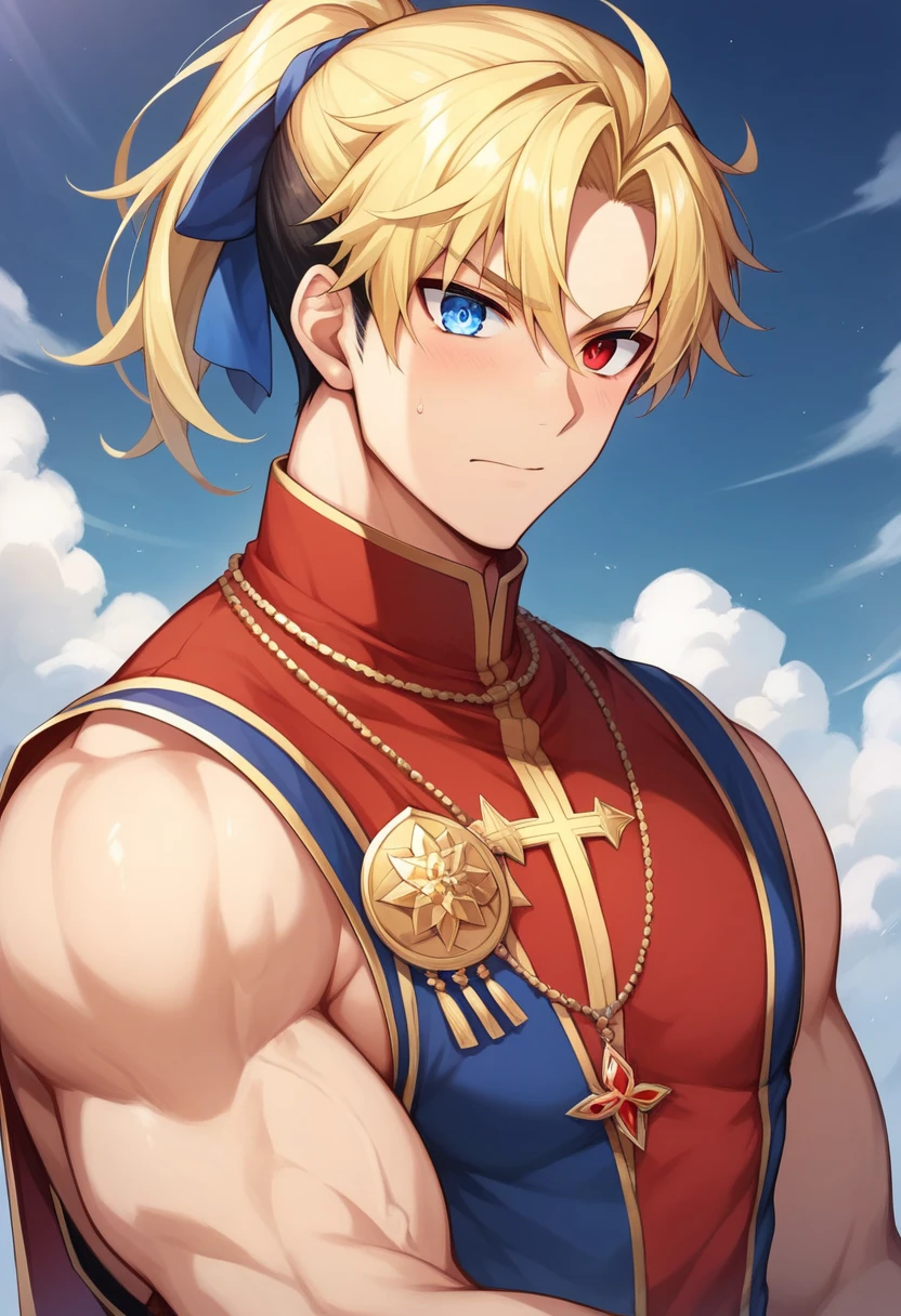 score_9, score_8_up, score_7_up, 1boy, solo, (medium breasts), slender body, hands on breasts, gilgamesh,blonde hair, ((medium hair)), red eyes,tattoo, blue capelet, standing, cowboy shot, angry, shaking, looking down, ancient city, mesopotamic city