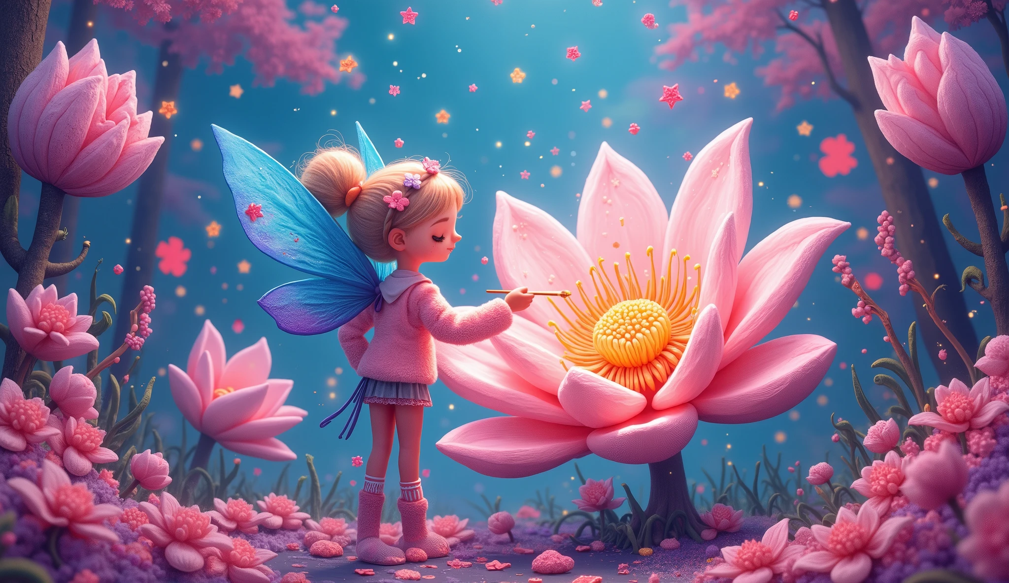 Imagine a whimsical fairy painting a graffiti mural on a giant lotus flower in a candyland forest, her canvas illuminated by the sugary glow of candy stars and marshmallow clouds. She uses frosting and melted chocolate to create dynamic fluid shapes and vibrant neon tones, capturing the garden's energetic yet saccharine atmosphere. The scene is rendered in a CGSociety Candy art style, with hyperrealistic hyperdetailed digital illustration, postmodernism, dynamic lighting, cel-shaded, and ray tracing reflections.