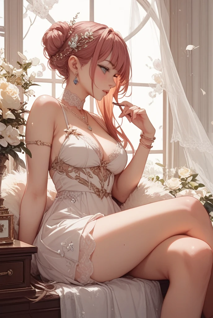 A maid of a nobleman、((Viewer&#39;s perspective))、(((nude wearing only an apron)))Normal breasts、Sweaty skin、on the bed、Cover one breast with your hand.、legs wide open、((brothel))、(((Pink Light)))
