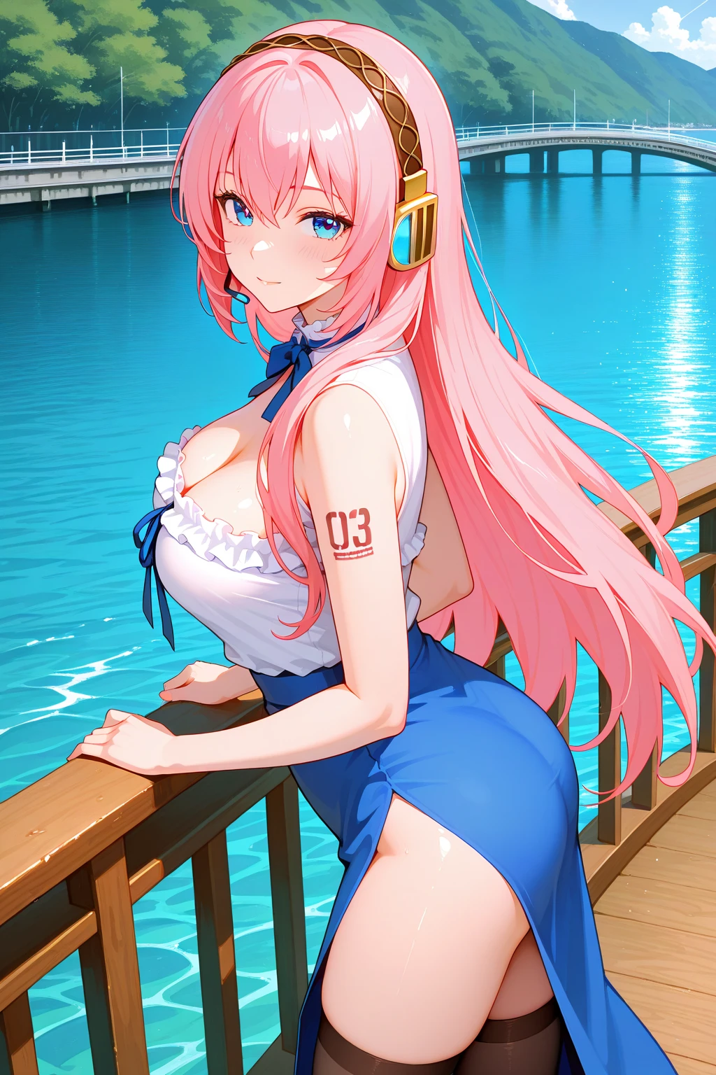 best quality, ultra-detailed masterpiece, anime art style, cute character, nino nakano, large breasts, blush, smile, one-piece swimsuit, pantyhose,