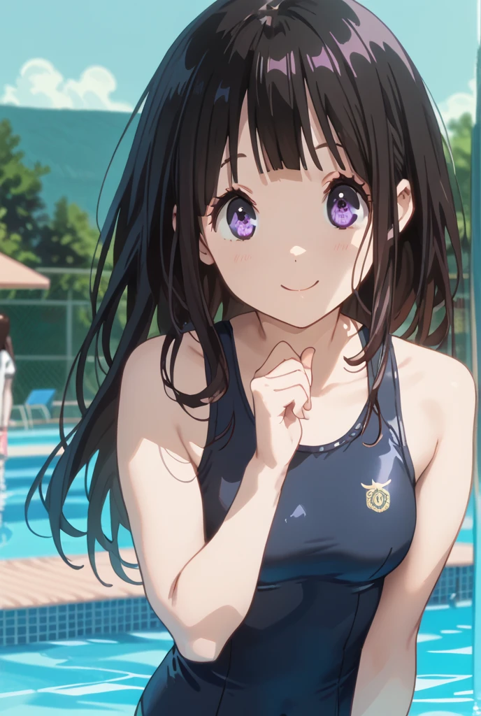 (masterpiece、Highest quality、In 8K、High resolution:1.2)、alone、One Girl、  Takina Inoue、Feeling embarrassed、blush、Purple Eyes、Look at the viewers、whole body、Navy blue swimsuit、Dark blue racing swimsuit、Glossy body、Wet body、Daytime、Poolside、Low - Angle
