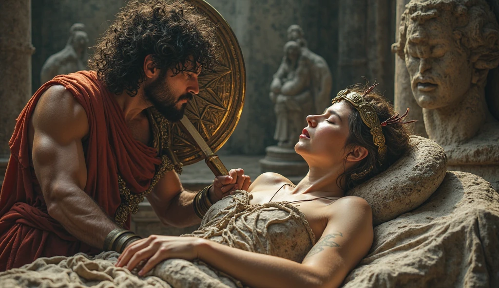 The tragic end of Cleopatra and Marc Antony. The scene shows the chaos of the Battle of Actium and their final moments in Alexandria.