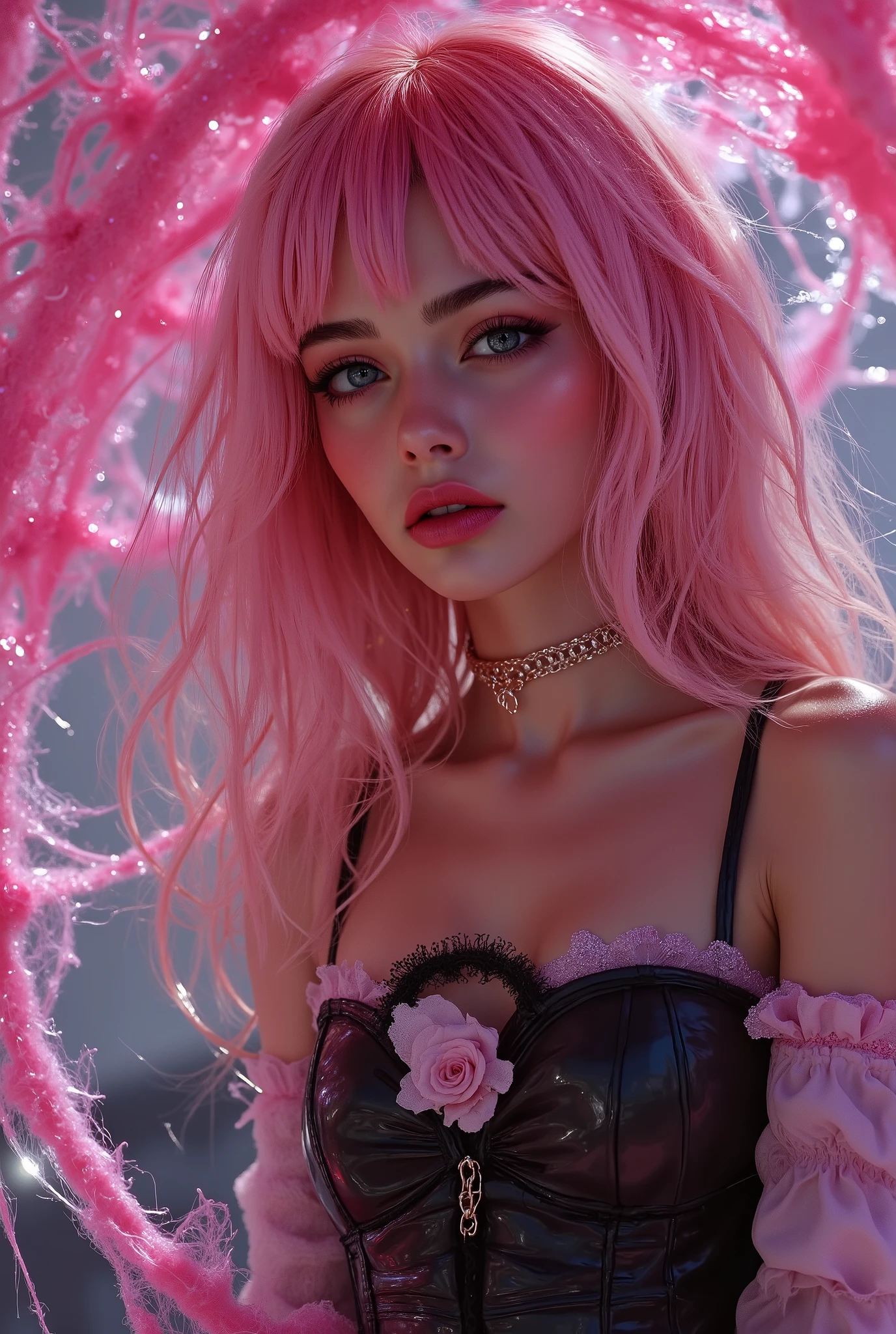 beauty woman,pink hair,big eye,Delicate facial features,White skin, beautiful long legs,short dress,suspenders,Stud earrings,Choker