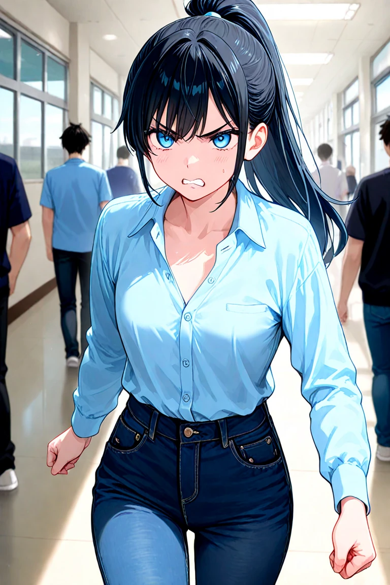 At school, a girl, frontal, long black hair, black short skirt, bag, angry, abusive, super detailed, 4k