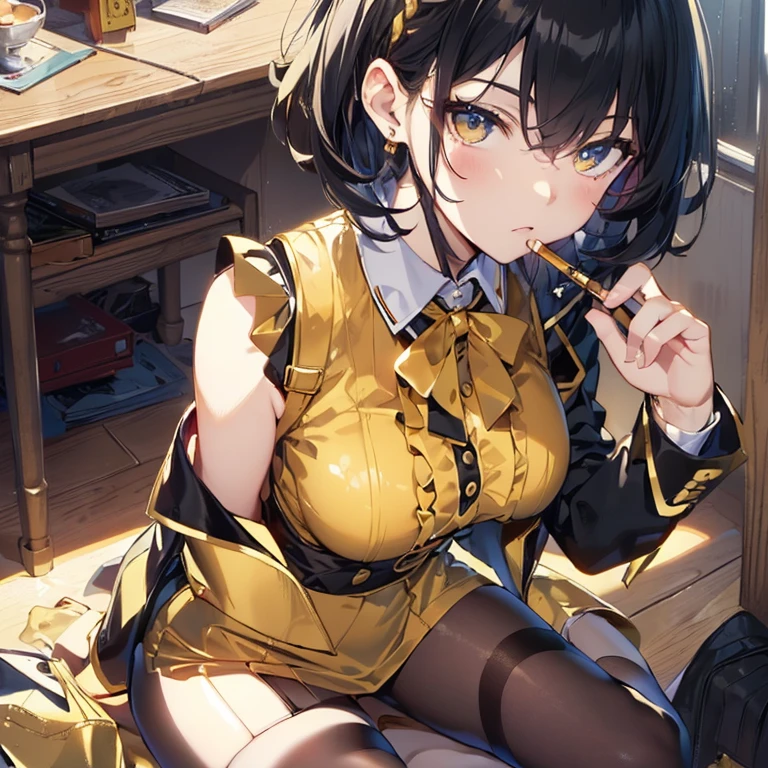 (best quality, masterpiece:1.2), 1girl, hourglass figure, (medium breasts:1.4), beautiful eyes, yellow eyes, cleavage, latex bodysuit, uniform, mini skirt, skirt uplift, squat, looking at viewer, angry expression,  view from bottom, wide-lens distortion