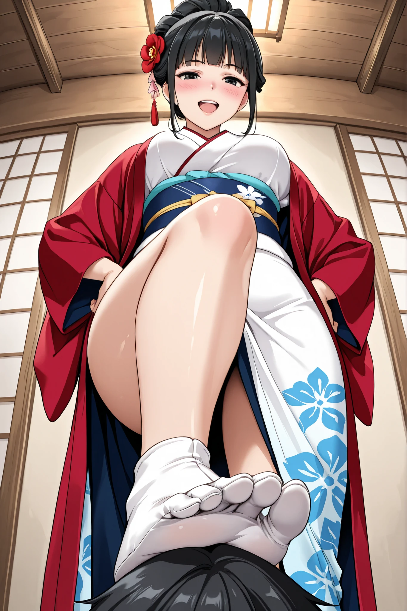 1 girl, solo,beautiful japanese girl,adult,18 years old,black eyes,black hair,masterpiece,general,highres, ultra-detailed,very aesthetic,best quality ,best hands,best eyes,perfect anatomy,anime coloring,easynegative,white skin,BREAK,Edo period Japanese hairstyle, kimono,tabi,indoors,foot focus,soles of the feet,stepped on,low-angle view,smile,open mouth,blush,open clothes