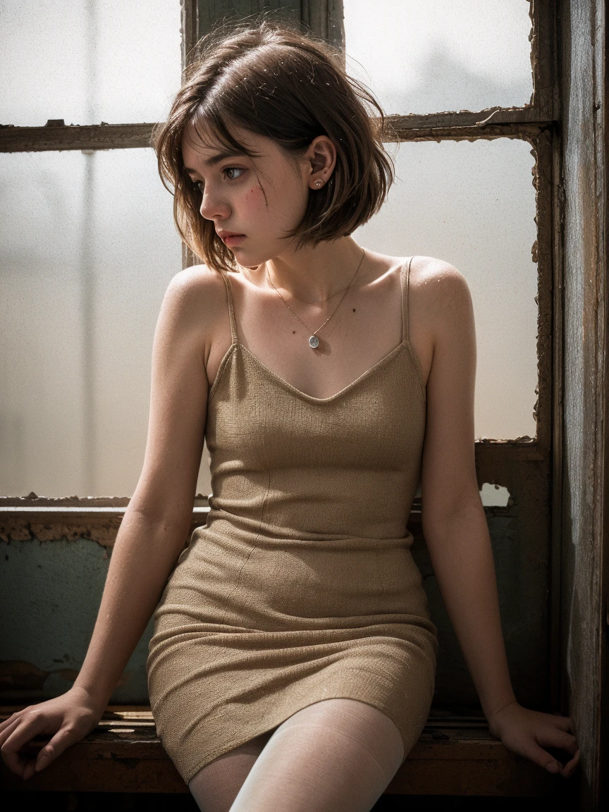 Sophia Lillis, thick muscular body, long hair, moody setting, tight dress,