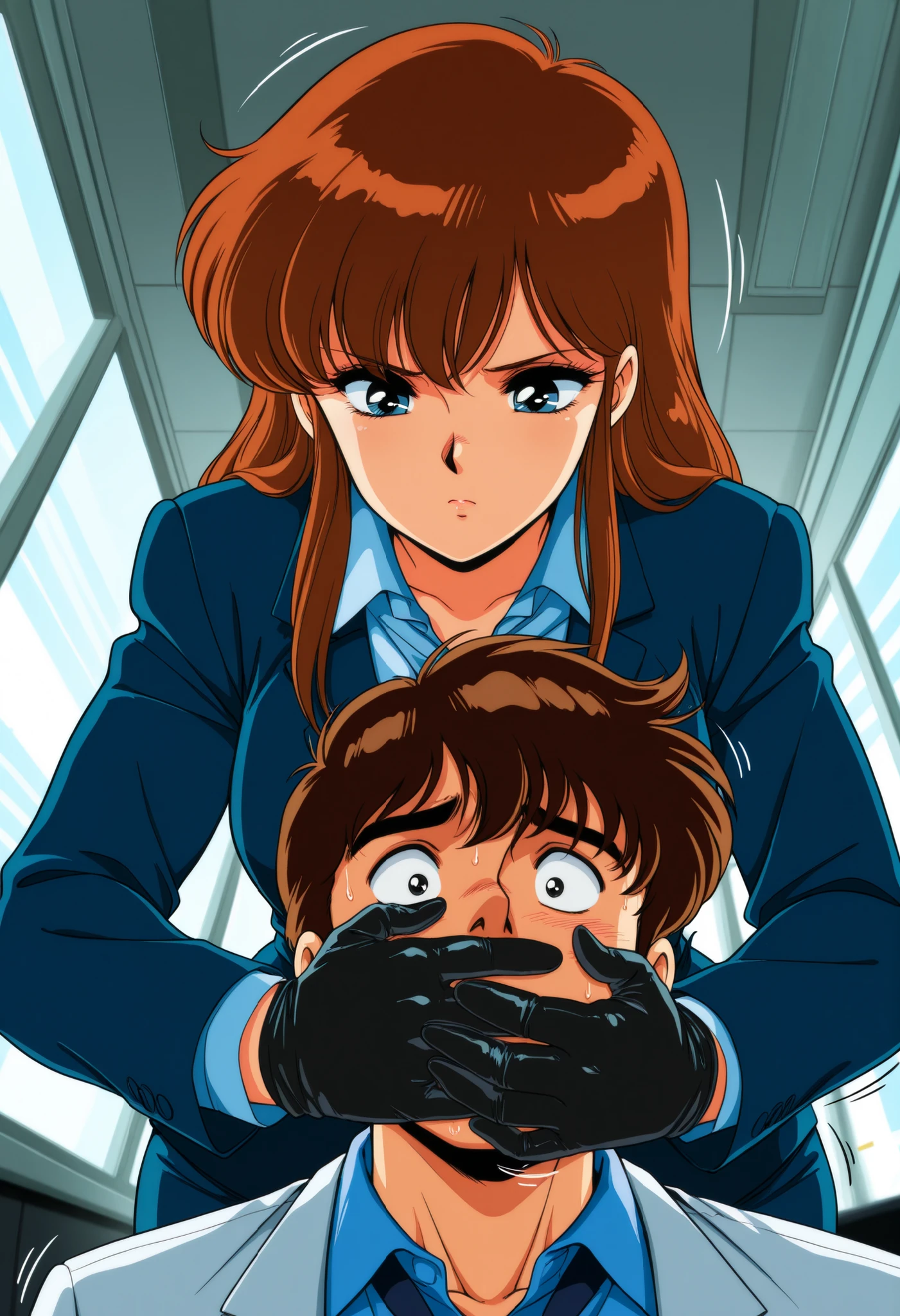 masterpiece, best quality, amazing quality, retro, oldest, 70s
female on male, office, low-angle, 3/4 view, business suit dom, brown hair dom, blue shirt sub, male sub, handgag, small hand, struggling, trying to escape, motion lines, gloved, black leather glove,
