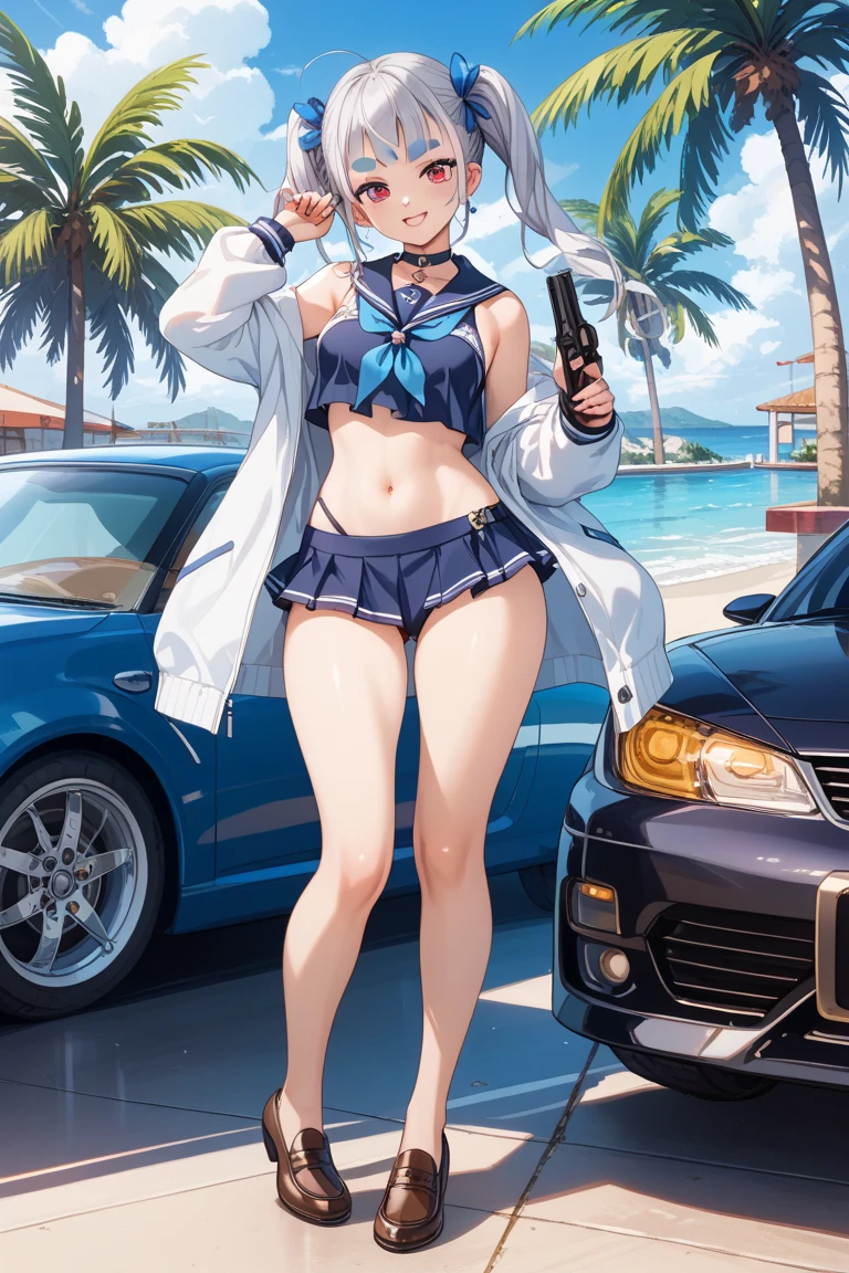 ((best quality)), ((masterpiece)), (detailed), 1girl, Touhou, Nitori Kawashiro, blue eyes, blue hair, blue short tube top, blue female shorts, mechanic gloves, mechanic boots, medium sized breasts, small city background, clear blue sky, wide shot, full body, abdomen