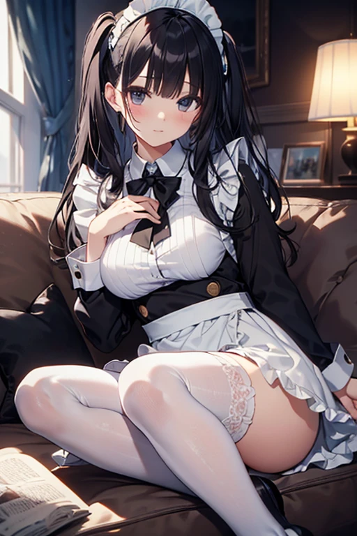 Highest quality, masterpiece, Adult women,8 heads,Long sleeve maid outfit,Without skirt,Long Hair,Brown Hair,Dark Room,Sit shallowly on the sofa,Spread your legs、Leg spread,White tights,White garter belt,Wet white lace panties,I can see your pants,A seductive smile, Plump thighs,Long legs,Low - Angle
