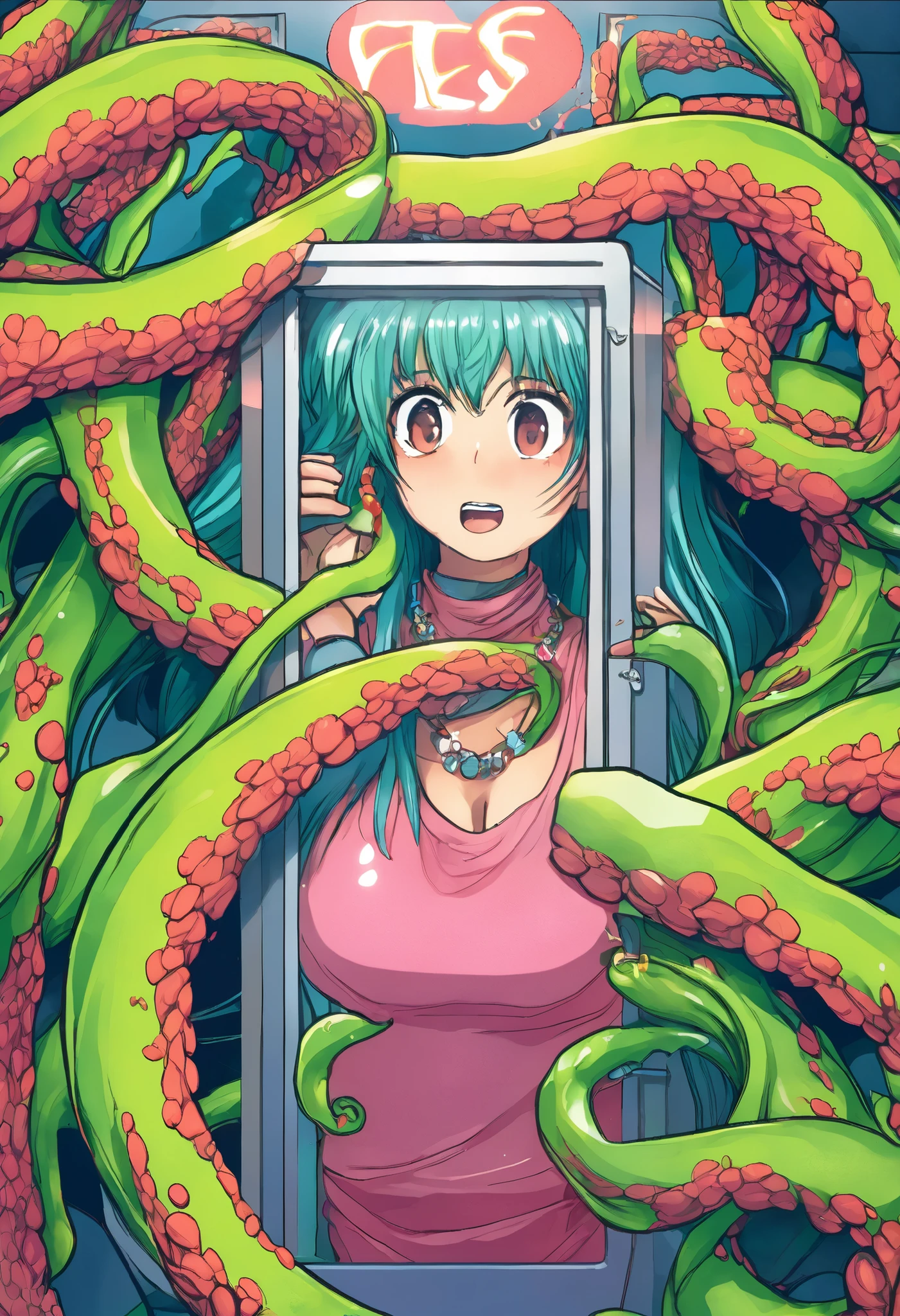 (slime vore) Three gorgeous women (varied height, varied weight, varied race, wearing a towel or less, crazy hairdo, crazy jewelry, tend towards fit and hourglass figure) they are scared and bent over covering their eyes in a steamy women's locker room, being caught by giant tentacles which forcefully restrain their arms and legs while being anal sex by horror monster 'The Blob', damsel in distress, damsel demise. One woman is live streaming about how scared she is while holding her cell phone