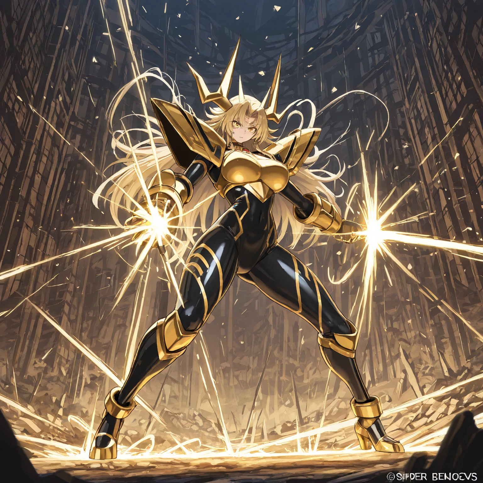 Silver female masked warrior overflowing power of yellow thundering lightning