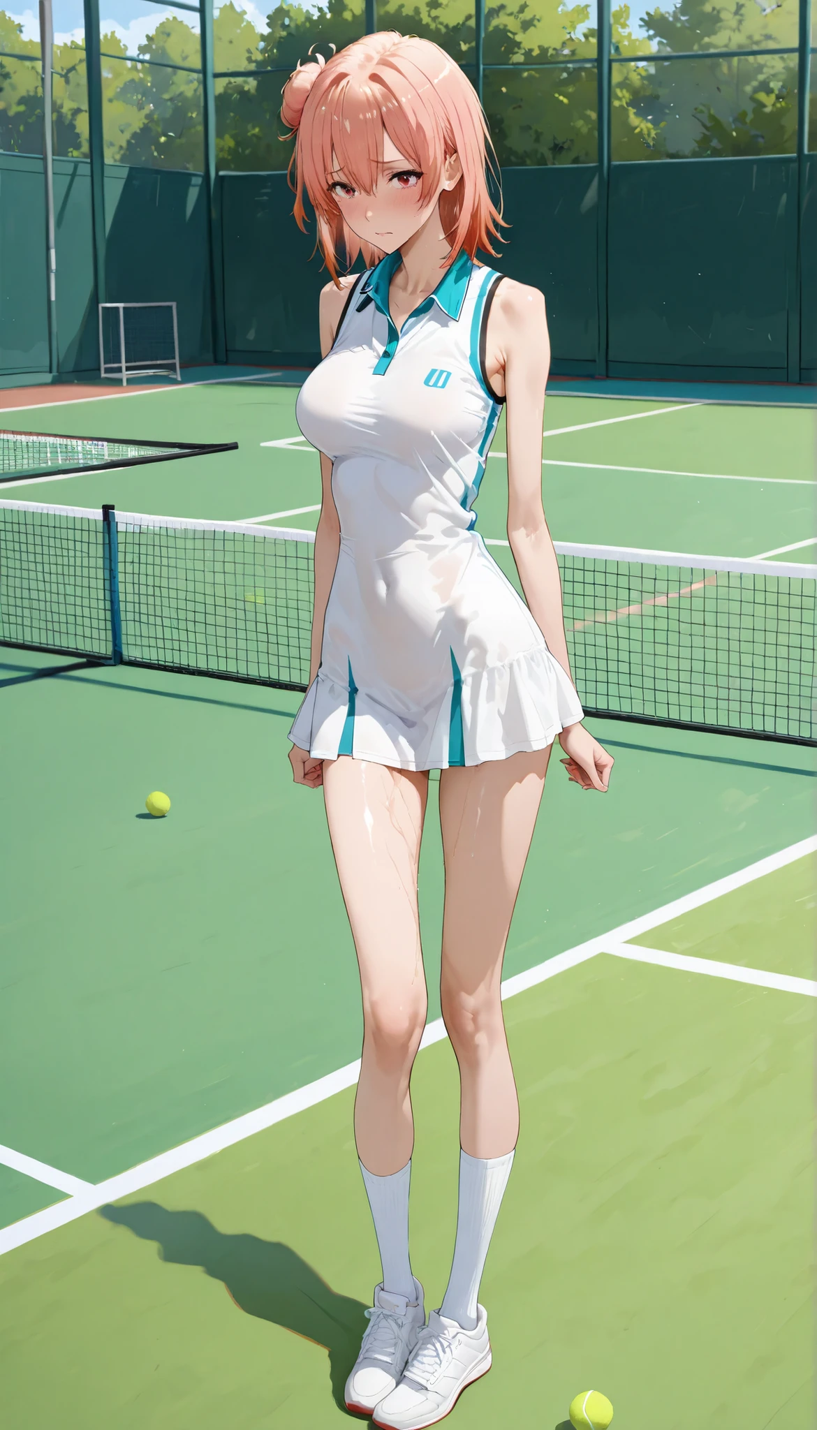 absurd, masterpiece, best quality, realistic, hyper-detailed, (shiny skin, sweaty:1.4), looking at viewer, slender, 1girl, solo, tennis wear, white polo shirt, white sneakers, white miniskirt, bob cut hair, chocolate hair, black eyes, small breasts, (thick thighs:0.4), dynamic lighting, high resolution, sharp focus, depth of field