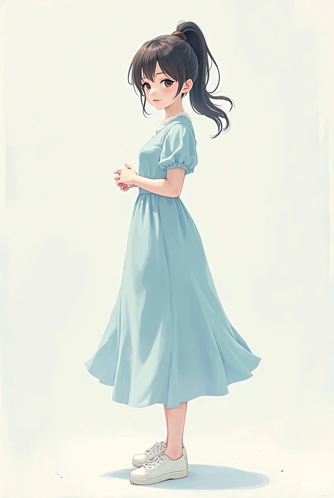 Beautiful girl who looks exactly like STU48's Kai Kokoai, Kai Kokoai, looks exactly like Kai Kokoai, smile, STU48's favorite person, STU48's 3rd single "I love you" costume, STU48's single favorite person costume, Very short hair, more short hair, short short hair, short short hair, dark brown hair, 1 girl, 18 years old, photo, realistic, top quality, detailed face, strong sunlight, sea, embankment, detailed background, diffused sunlight, depth of field, bokeh (top quality: 1.2), (masterpiece: 1.2), looking at the viewer, knee-length long dress with a white short-sleeved collar, with collar, long dress, best smile, more thin light blue stripes,