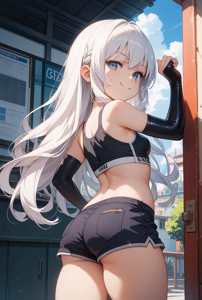 Super detailed、highest quality、Best image quality、masterpiece、8K、Anime Face、A kind smile、Open Mouth、Sparkling Blue Eyes、Long blonde curly hair、Cat ears grow、Wearing a frilly headband、(SFW huge body)、(((Rear view)))、Cowboy Shot、(Wearing a white thong:1.5)、Muscles of the whole body、Hands on hips