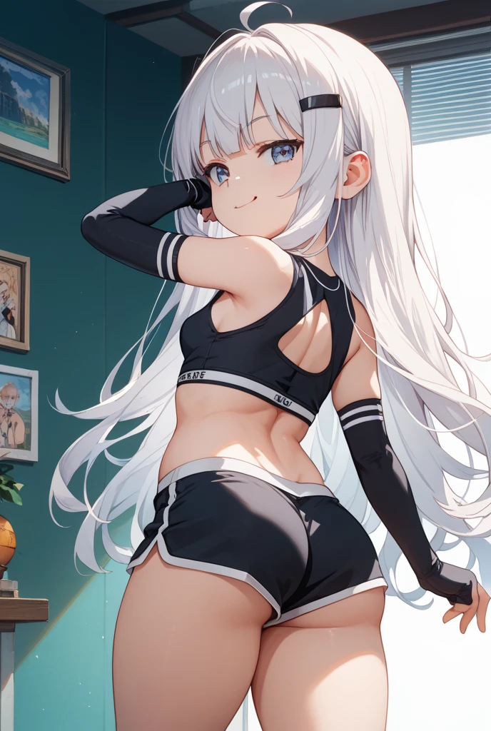 ((masterpiece,Highest quality)), Confused,
alone, 1 Girl, Looking at the audience, smile, RO500, Long Hair, Hair Flowers, Sunburn, Dark Skin,School Swimsuit, From behind