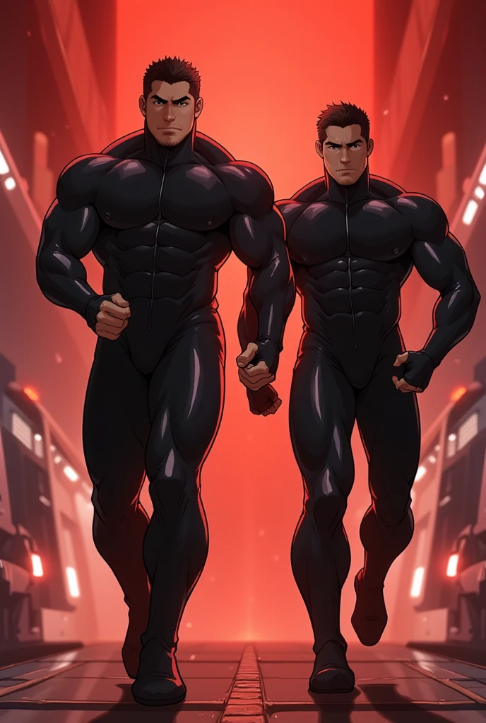 ((masterpiece)), ((best quality:1.2)), High Resolution, 8k, (photorealistic:1.4), sharp focus, male focus, (blade runner setting), (2boys), 2 tall muscular males models, mature male twin slim hunks, the same body shape,  perfect handsome face, clean shaved face, ((both naked and both wearing low_rise blue tights)), ((both bare chest)), (both topless), both crotch bulge, short brown hair and short black hair, Caucasian, (arms crossed), romantic, bara, broad shoulders, (detailed muscular biceps and triceps:1.2), (large pectorals), muscular arms, (narrow waist), muscular thighs, (toned long legs), (hip bones) ,((clean shaved chest)), wet, white skin, atmospheric, dark night, neon city, futuristic neon LCD background