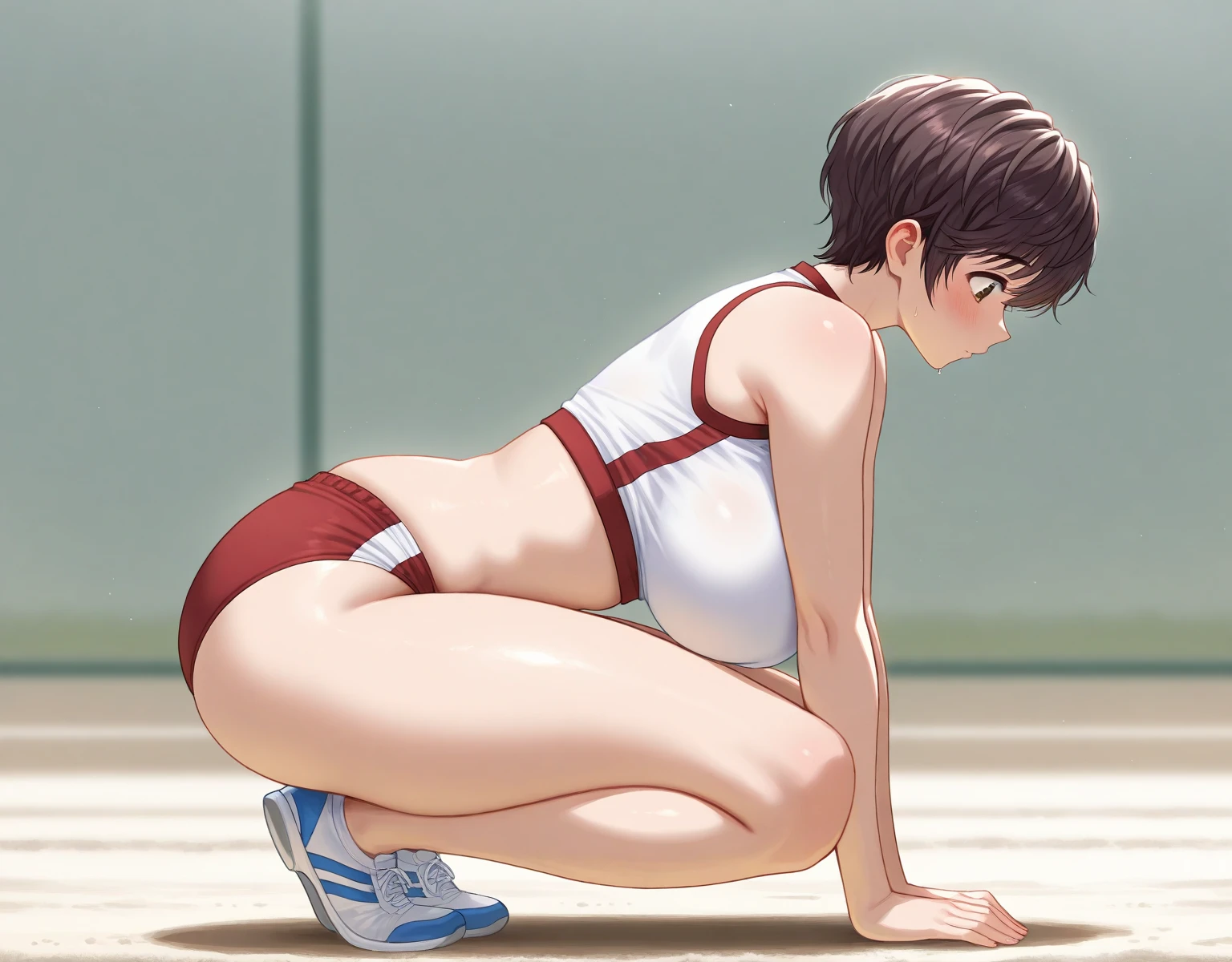 highest quality, masterpiece:), ultra-high resolution, inside volley ball field,, Korean gravure model, 24 years old, tight, back view:1.5, squatting, spread legs, wearing an Olympic sport uniform, high leg, gigantic breasts, puffy nipple:1.4, skinny, bangs, long hair, brown hair, choppy hair, unkempt hair:1.2, gorgeous earrings, beauty, embarrassed, blush:1.3, mature woman,