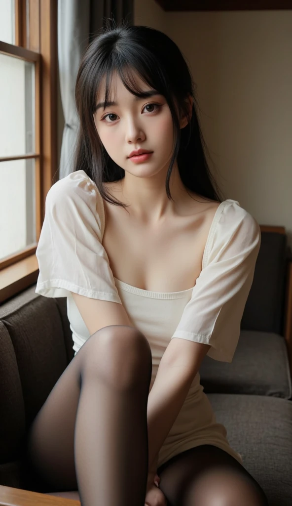 High-resolution images, Realistic eye size, Realistic Skin, Droopy eyes, smile, (Mr.々Feminine casual dress with a simple pattern), (Spread your legs, Highly detailed, realistic textured panties), Strong sunlight, Braiding, (Old Fashion), skyscraper, Arch Hip,