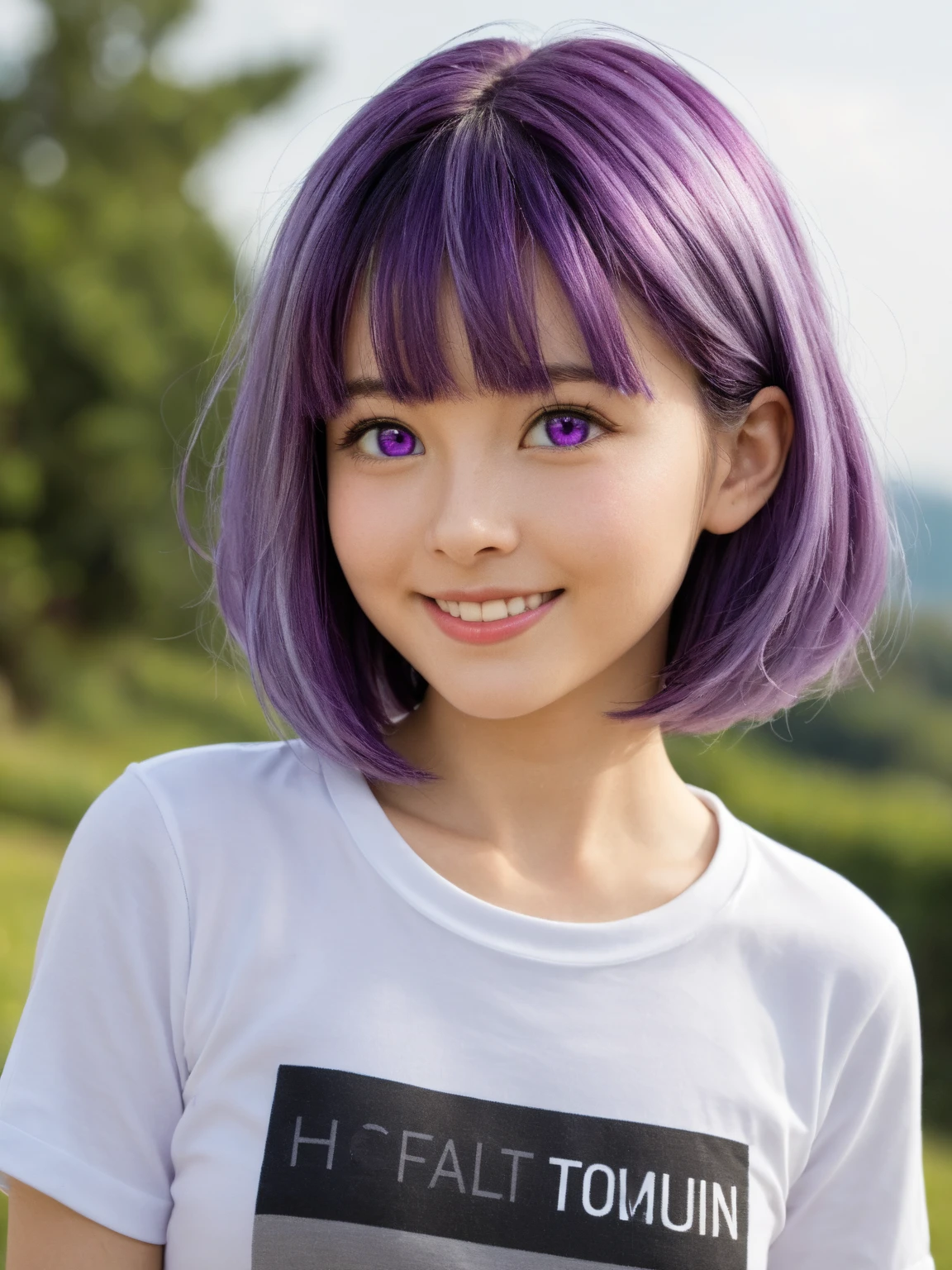 最high quality, high quality, pretty girl, alone, beautiful purple hair, Beautiful purple eyes, A light smile,
