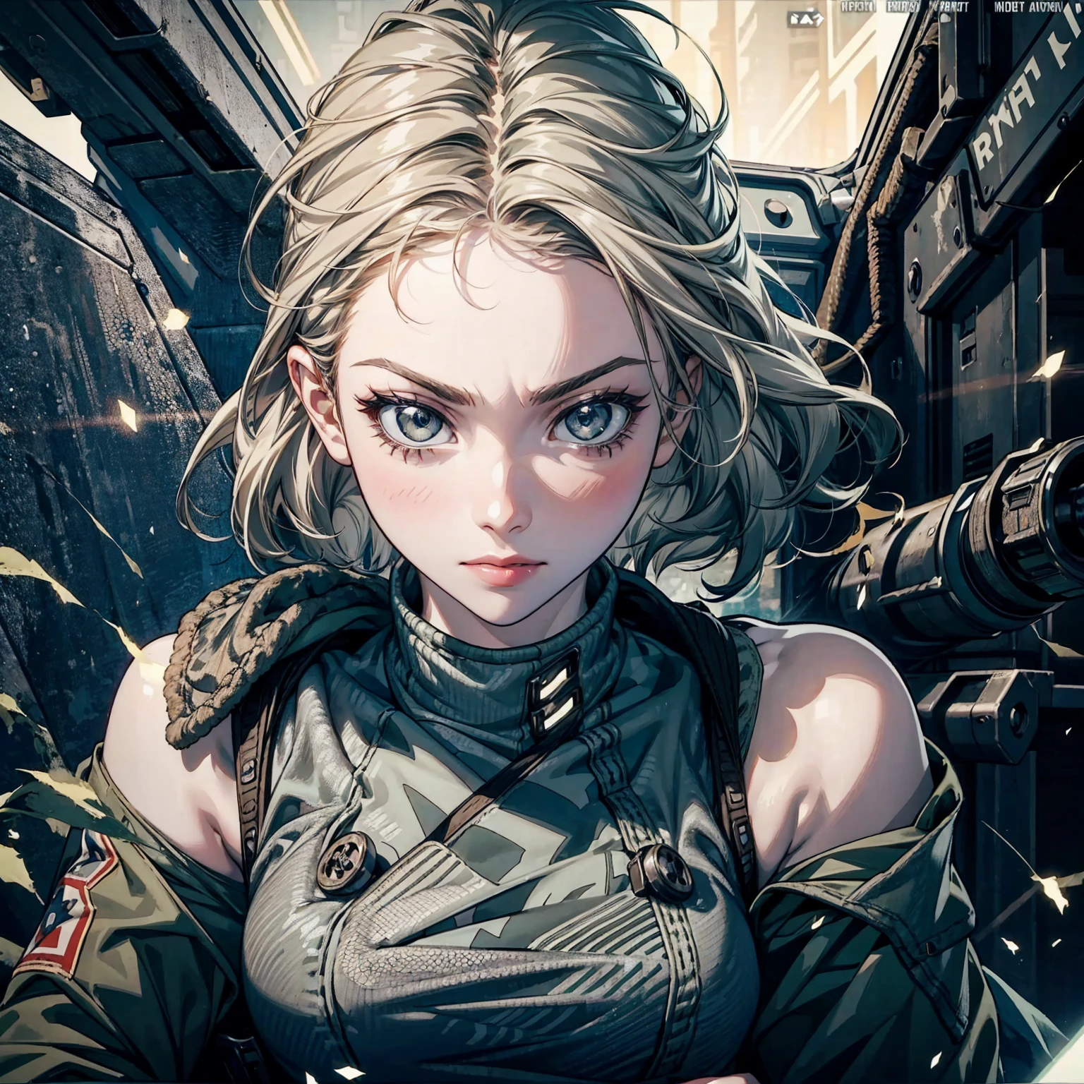 best quality,4k,8k,highres,masterpiece:1.2),ultra-detailed, extremely detailed eyes, extremely detailed body, (large masterpiece digital art), (detailed manga illustration), (detailed line art), ((perfect anatomy)), (intricate details:1.3), (ultra-detailed:1.3), (illustration:1.3), (sharp focus:1.3), (natural lighting:1.05), (vivid colors:1.3), (masterpiece), (best quality:1.4), (perfect anatomy:1.4), high quality, expressive eyes, full body, detailed face, beautiful face, perfect face, 1 girl, muscular, tall girl, large breasts, long hair, light brown hair, straight hair, low ponytail, detailed hair, ((casual clothes)), grey t-shirt, (vest), open vest, (blue pants), denim pants, pale skin, aquamarine eyes, splash art, curvy, black combat boots, cinematic lighting, dramatic atmosphere, Atey Ghailan, Jeremy Mann, Greg Manchess, Antonio Moro, trend in ArtStation, trend in CGSociety, Intricate, High Detail, Sharp focus, dramatic and photorealistic painting art by Midjourney and Greg Rutkowski, Jeff Bridges, ((cartoon style)), Marvel Cinematic Universe style, (((Night sky in the background))),
