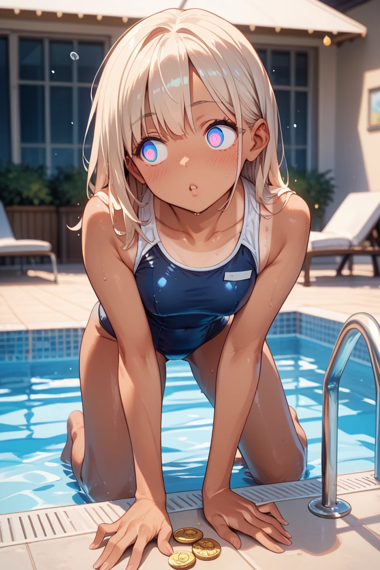 1girl,upper body,pov,face,light White hair,breasts,lblue eyes,(one-piece:1.2),(Covered nipples:1.3),medium breasts,Impossible swimsuit,tight skin,shiny skin,masterpiece, best quality, very aesthetic, absurdres,front view,looking at viewer,pool,poolside 