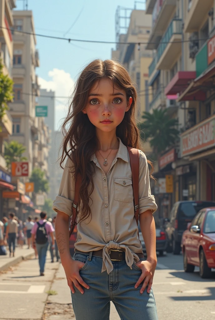 "Generate a hyper-realistic image of a 10-year-old girl from Bulgaria with authentic face features, set against a realistic street background, showcasing the best quality and intricate details."