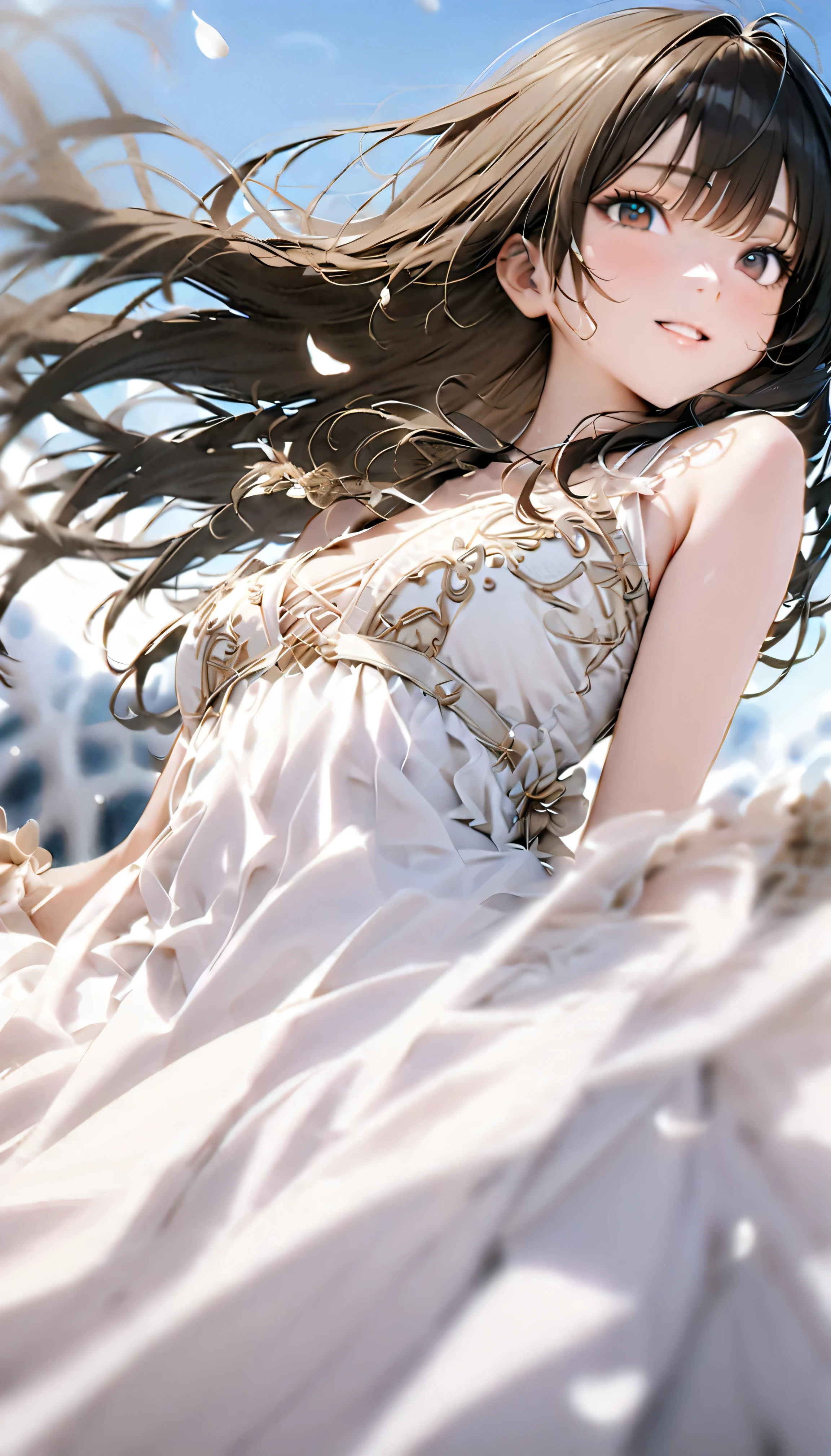 One girl, alone, Long Hair, chest, dress, large chest, Sitting, View Viewer, white dress, Exposing shoulders, Bedroom Background, No sleeve, hair ornaments, Thighs, No sleeve dress, bangs, flowerを持つ、 Simple Background, flower, Pelvic Curtain, Bare arms, Holding f hair flower, flowerびら, Mouth closed, Holding,Embarrassed