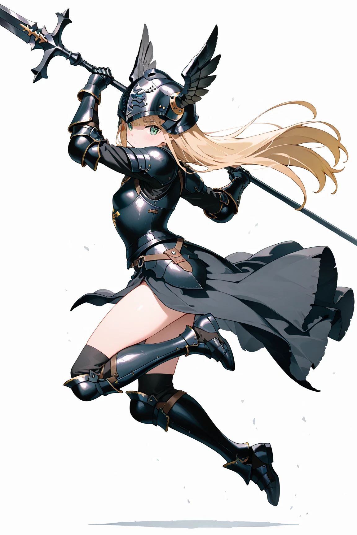 1girl, solo, long hair, breasts, looking at viewer, smile, open mouth, bangs, blonde hair, red eyes, thighhighs, white background, holding, animal ears, bare shoulders, full body, weapon, small breasts, boots, holding weapon, armor, rabbit ears, hair over one eye, high heels, leotard, highleg, helmet, polearm, black leotard, highleg leotard, holding polearm