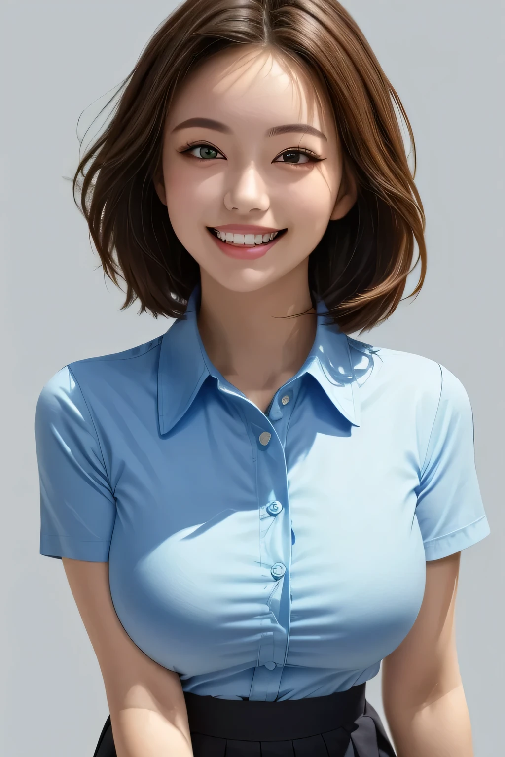 (photorealistic:1.4), (Very Detailed), (best quality), (best shadows), (masterpiece), super high resolution, 1 Ultimate Beautiful Japanese girl, solo, very elaborate face, grin, (Perfect Teeth), beautiful dark brown eyes, double eyelids, eyelashes, lip details, brunette hair, middle Breasts, smile, (light blue collared shirt:1.2), (tight mini skirt), thighs, description boundary depth, perfect lighting, (background: main street)