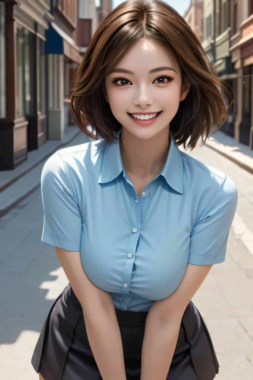 (photorealistic:1.4), (Very Detailed), (best quality), (best shadows), (masterpiece), super high resolution, 1 Ultimate Beautiful Japanese girl, solo, very elaborate face, grin, (Perfect Teeth), beautiful dark brown eyes, double eyelids,  eyelashes,  lip details, brunette hair, middle Breasts, smile, (light blue collared shirt:1.2), (tight mini skirt), thighs, description boundary depth, perfect lighting, (background: main street)